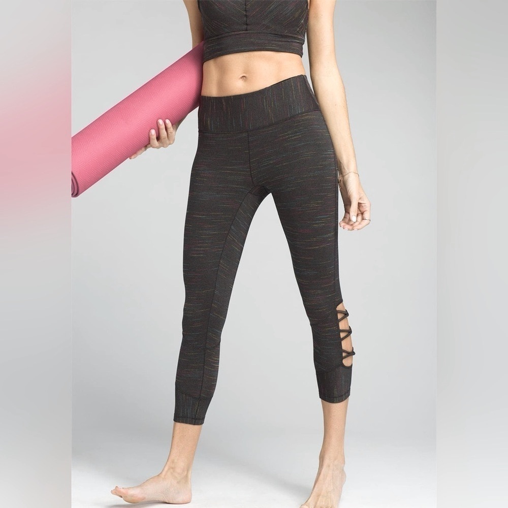 Prana Itzel crop dark gray space dye cutout detail leggings, XL.